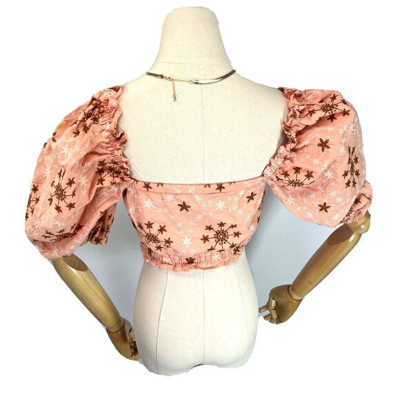 Zara XS Womens Embroidered Cropped Top  Puff Sleeve Floral Coral Peach  - Picture 8 of 15